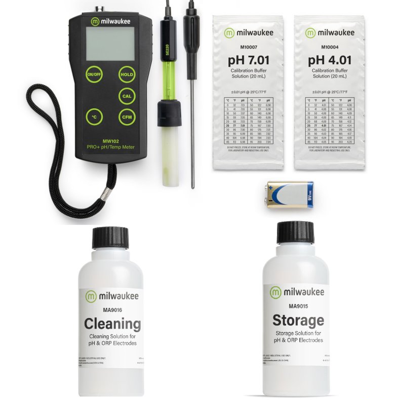 Komplet pH m�ler pakke - PH Meter MW102 Pro inkl Termometer, kalibrerings- rense- og opbebaringv�ske